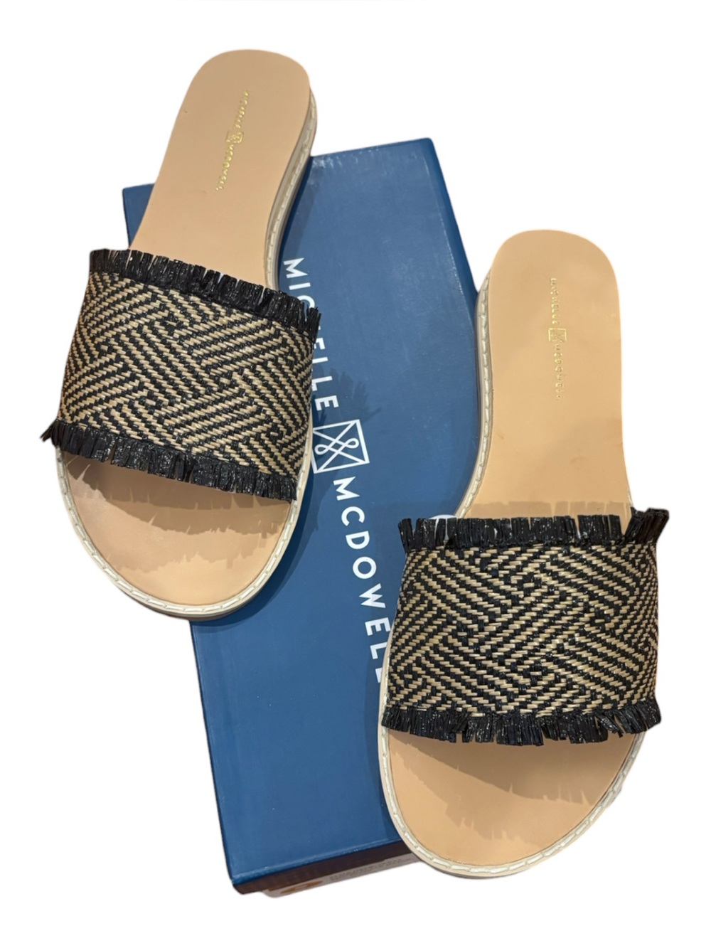 MICHELLE MCDOWELL BLACK & NATURAL WOVEN W FRINGE & LEATHER SLIDE SANDALS SZ 9